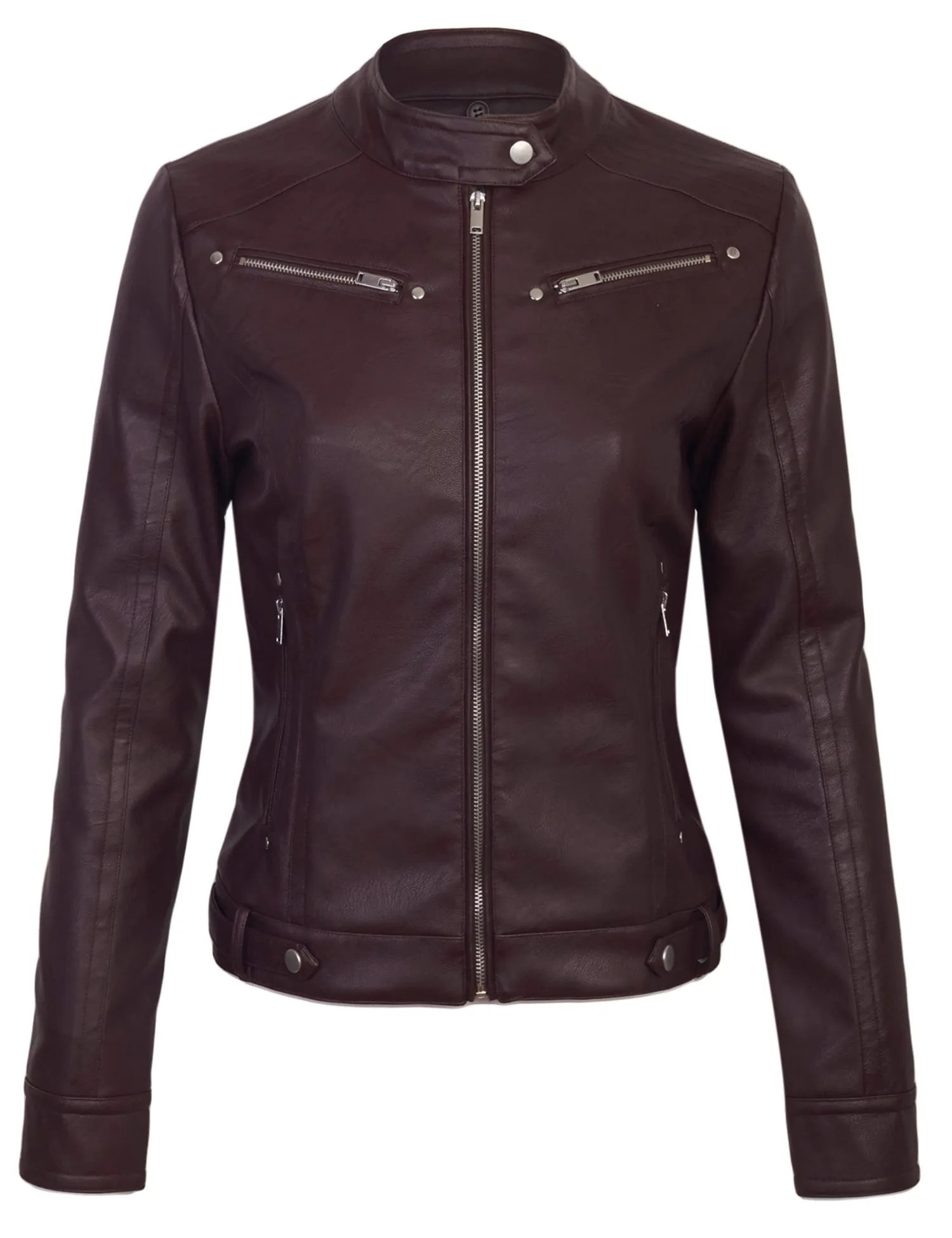 Womens Faux PU Leather Zip Up Casual MOTO Jacket with Hoodie